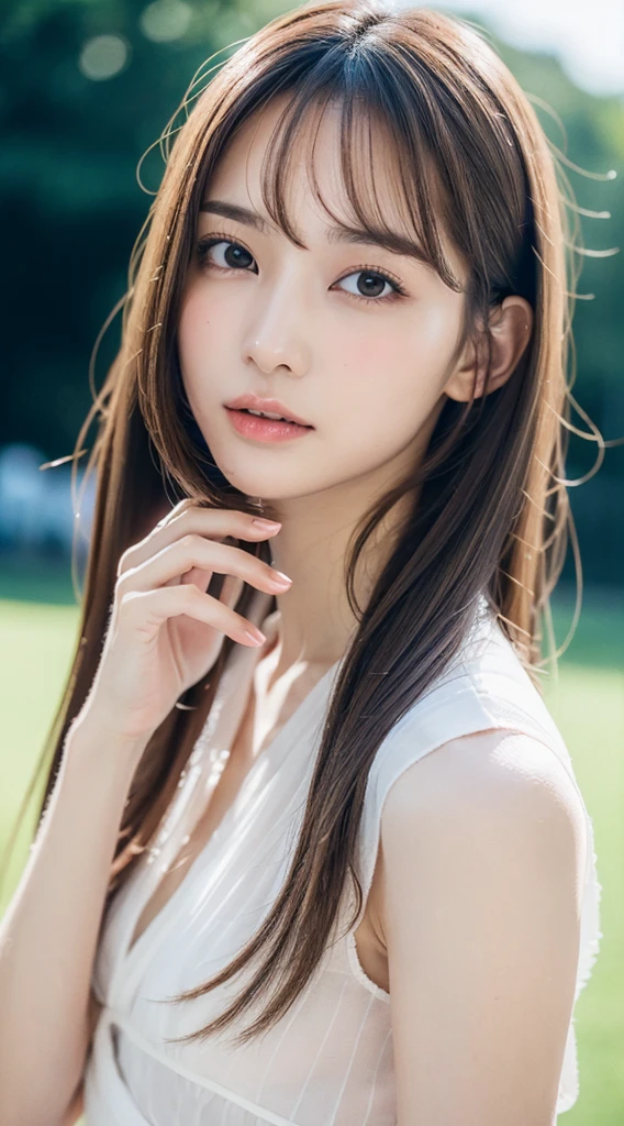 1womanl, up of face, mideum breasts, light brown hair, Blunt bangs, hair behind ear, hair over shoulder, Long hair, slender body shape, Ultra Fine Face, Thin face, Delicate lips, Beautiful eyes, thin blush, eyes are light brown, perfect glossy skin, flawless skin, Glistening sweat,View here, Ultra-thin hands, Ultra-fine fingers, best ratio four finger and one thumb, (realisitic:1.3), See-through white blouse. An amusement park, One-person viewpoint, Fuji Film, F/1.2, 8K, masutepiece, nffsw, Super Detail, High quality, Best Quality, hight resolution