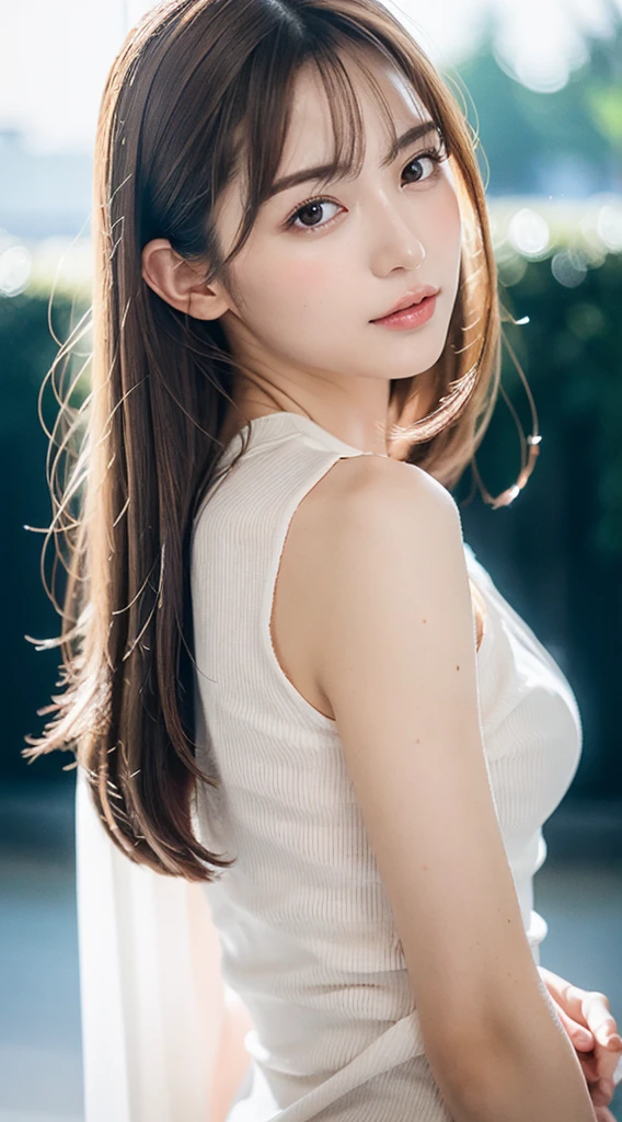 1womanl, up of face, mideum breasts, light brown hair, Blunt bangs, hair behind ear, hair over shoulder, Long hair, slender body shape, Ultra Fine Face, Thin face, Delicate lips, Beautiful eyes, thin blush, eyes are light brown, perfect glossy skin, flawless skin, Glistening sweat,View here, Ultra-thin hands, Ultra-fine fingers, best ratio four finger and one thumb, (realisitic:1.3), See-through white blouse. An amusement park, One-person viewpoint, Fuji Film, F/1.2, 8K, masutepiece, nffsw, Super Detail, High quality, Best Quality, hight resolution