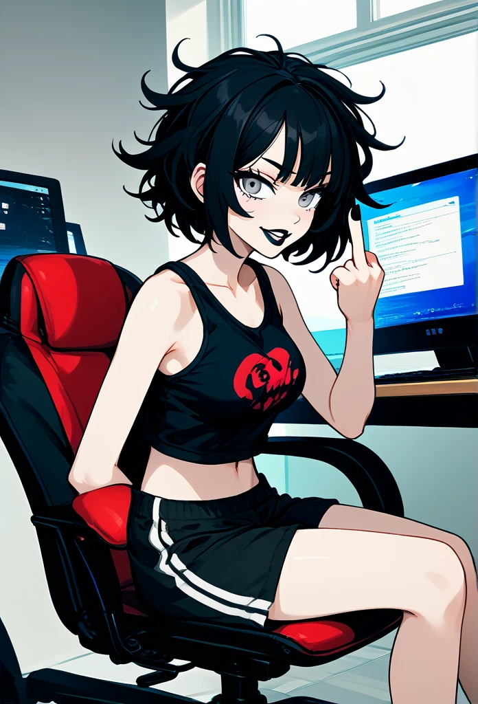 mature woman, goth, hot face, black lipstick, tongue out, teasing expression, seductive grin, hot face, (sharp eyes), gray eyes, short hair, messy hair, black hair, slim body, medium breast, short pants, hot pants, black clothes, midriff, sitting down, (sitting on rolling chair, sitting in front of a computer, flat schreen computer), crossing legs, view from side, side view, living room, (middle finger) 