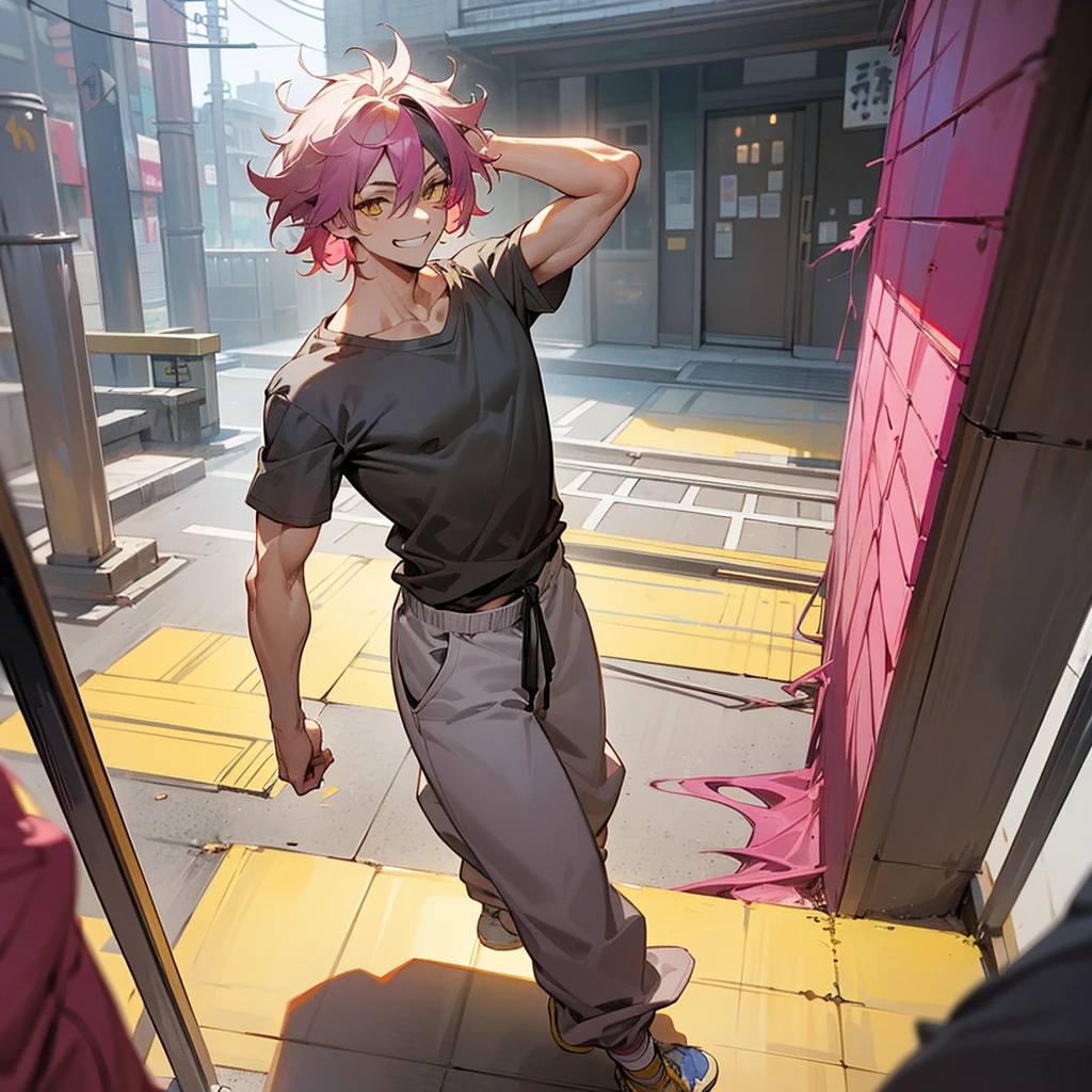 1male, adult, finely detailed yellow eyes, messy medium hair, two tone hair color, magenta hair color, grey hair color, loose muscle shirt, baggy pants, standing on building, day time, tokyo streets, calm expression, muscular, grin