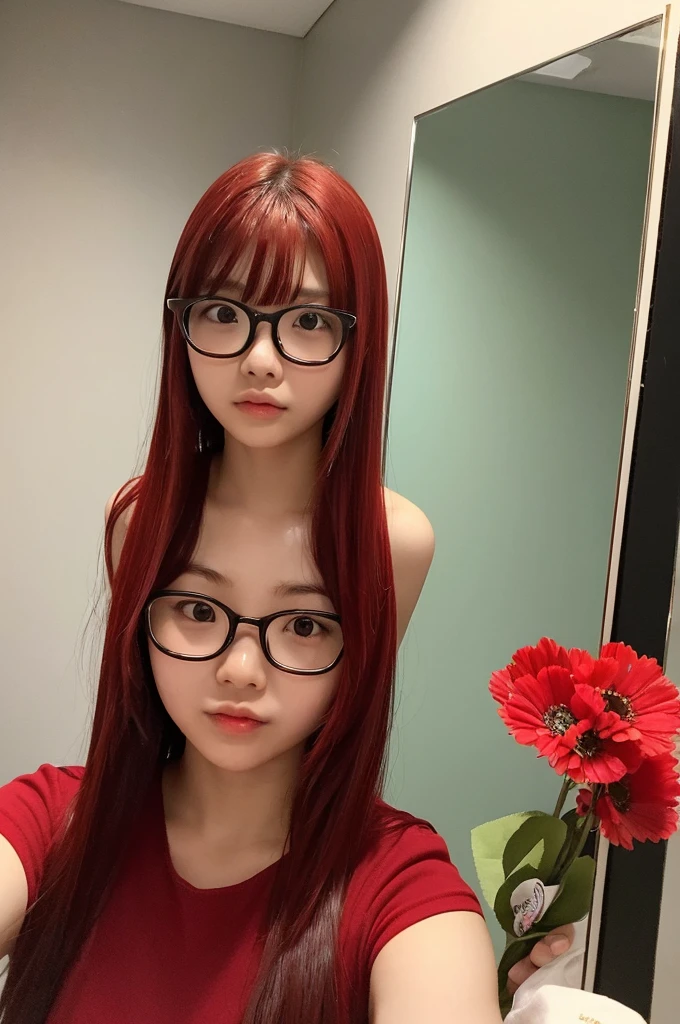 14 year old teenager japanese girl wearing thin glasses with shoulder length VERY VERY BRIGH RED BRIGHT RED HAIR haired bob with bangs straight face holding flowers medium quality in a bathroom looking at the mirror while taking a selfie with her phone imperfect skin wearing a black kpop outfit ultra realistic making a silly face
