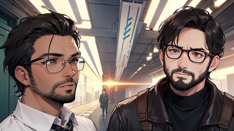background inspired by the cover of the game "We Were Here Forever", take the character in front and change the face for that of a person with slightly brown skin, little beard, dark hair, using glasses the character in the background does the same thing but with a lighter skin face without beard dark hair.