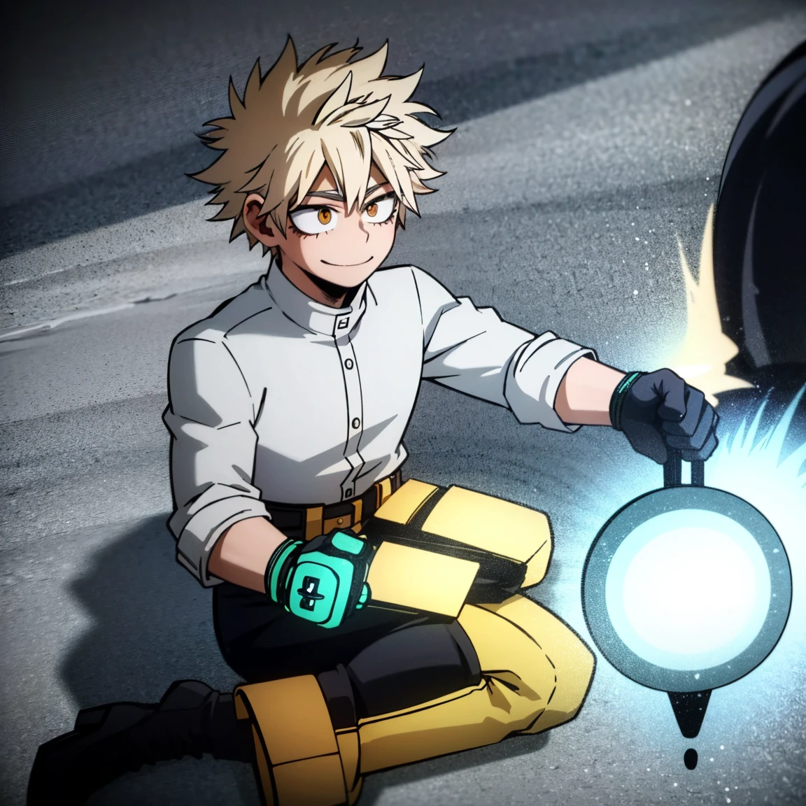 1boy, male focus, boku no hero academia, masterpiece, best quality, very aesthetic, absurdres, short spiky hair, yellow hair, orange eyes, smile, gray jacket, red tie, white shirt, teal pants, boots