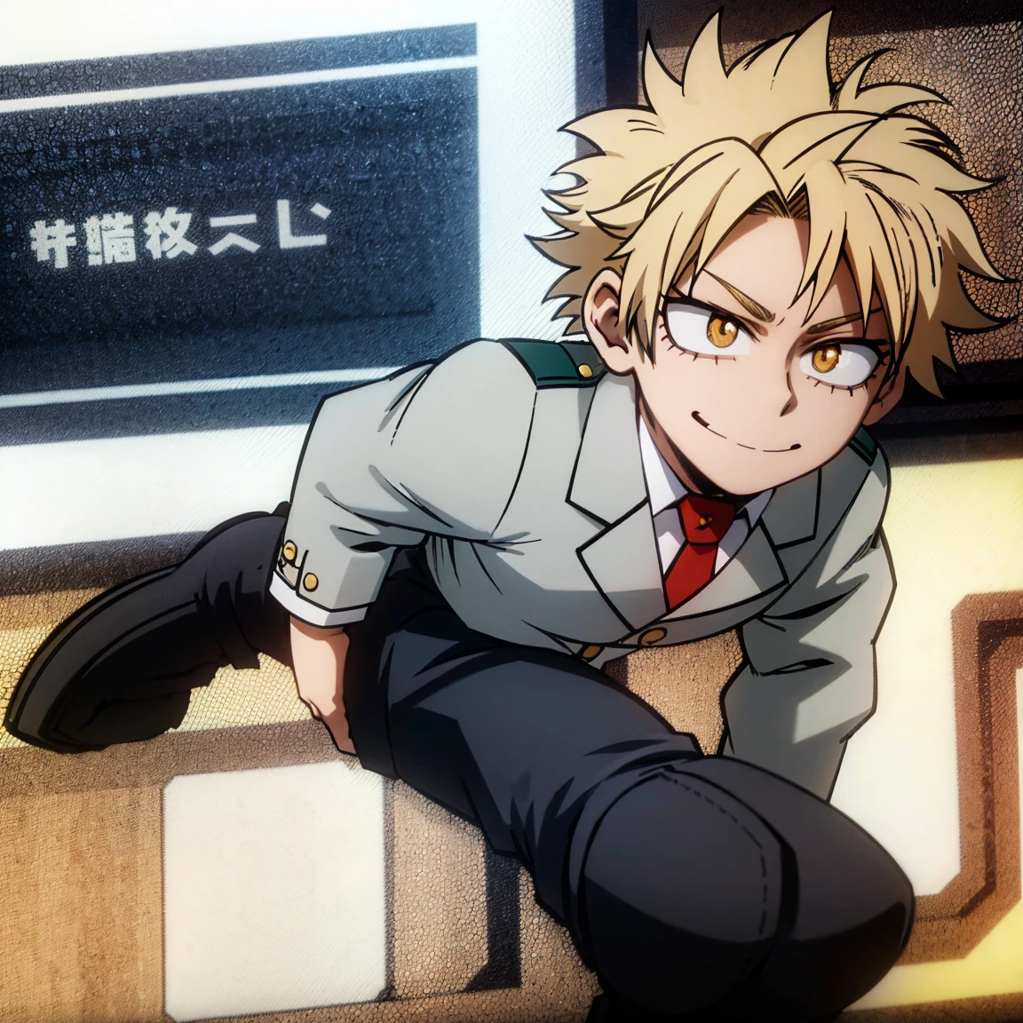 1boy, male focus, boku no hero academia, masterpiece, best quality, very aesthetic, absurdres, short spiky hair, yellow hair, orange eyes, smile, gray jacket, red tie, white shirt, teal pants, boots