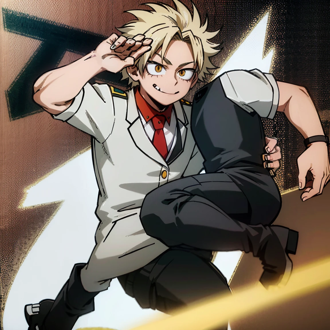 1boy, male focus, boku no hero academia, masterpiece, best quality, very aesthetic, absurdres, short spiky hair, yellow hair, orange eyes, smile, gray jacket, red tie, white shirt, teal pants, boots