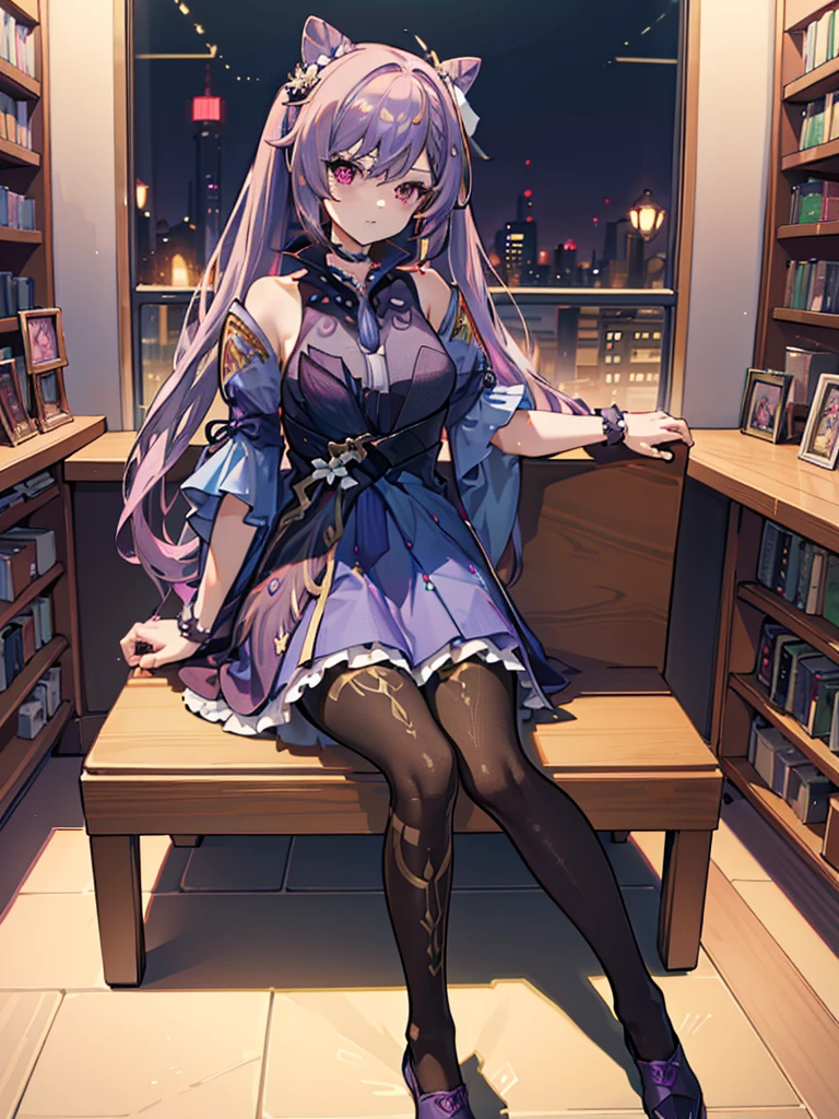 (best quality), (extremely detailed CG unity 8k wallpaper), (highly detailed), ((absurdres)), detailed beautiful eyes, pink eyes, purple hair, raccoon tail, 1girl, solo, full body, sit on chair, library,