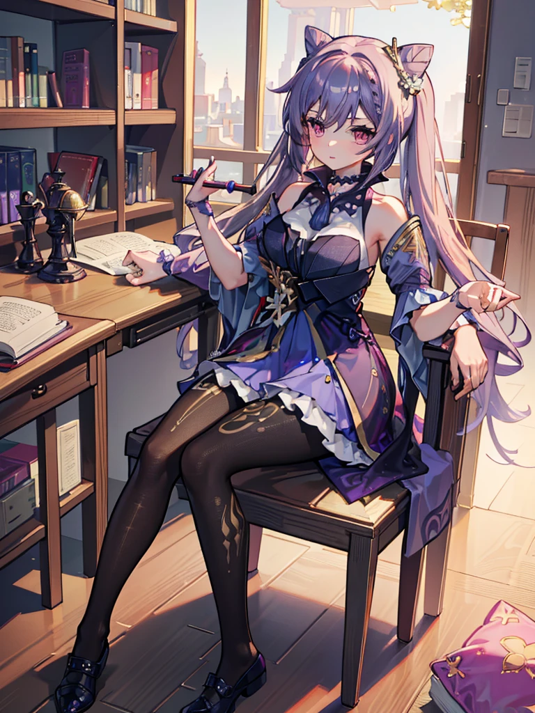 (best quality), (extremely detailed CG unity 8k wallpaper), (highly detailed), ((absurdres)), detailed beautiful eyes, pink eyes, purple hair, raccoon tail, 1girl, solo, full body, sit on chair, library,