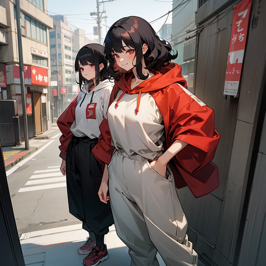 1female, adult, sexy, finely detailed crimson eyes, curly medium hair, black hair color, oversized hoodie, baggy pants, standing on building, day time, tokyo streets, calm expression, smile, flowers