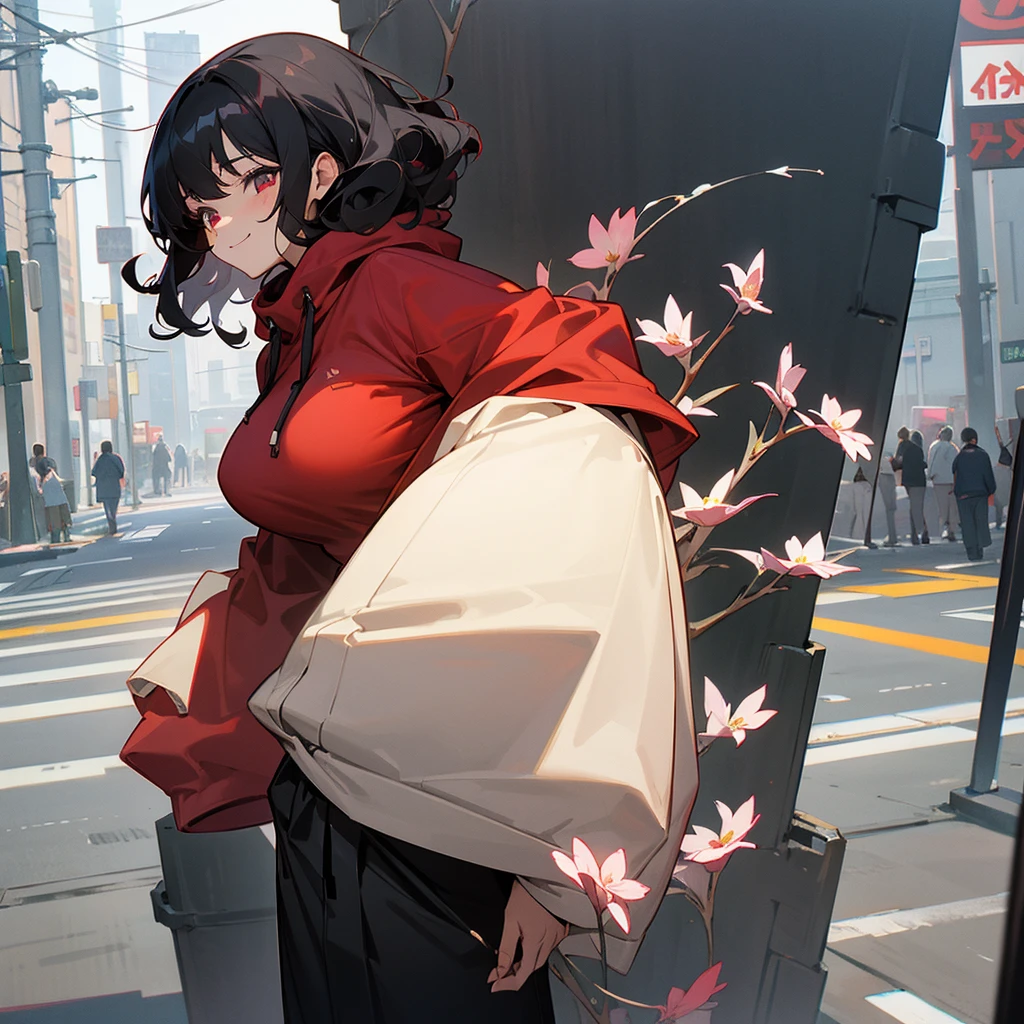 1female, adult, sexy, finely detailed crimson eyes, curly medium hair, black hair color, oversized hoodie, baggy pants, standing on building, day time, tokyo streets, calm expression, smile, flowers