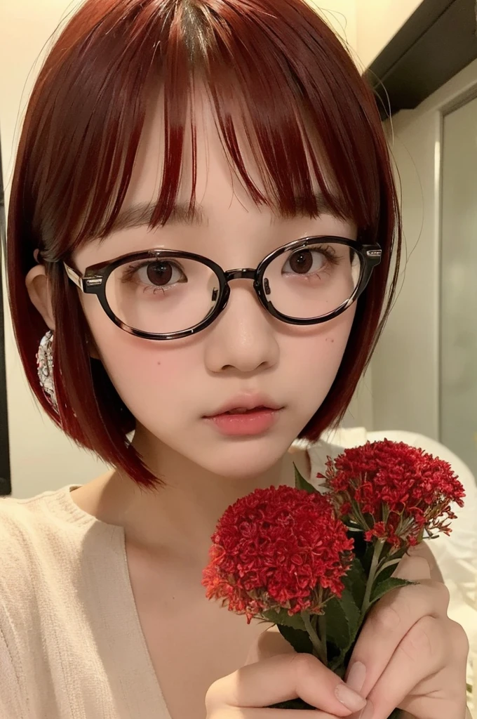 14 year old ager japanese girl wearing thin glasses with short hair VERY VERY BRIGH RED BRIGHT RED HAIR haired bob with bangs straight face holding flowers medium quality in a bathroom looking at the mirror while taking a selfie with her phone imperfect skin wearing a black kpop outfit ultra realistic making a cute aegyo