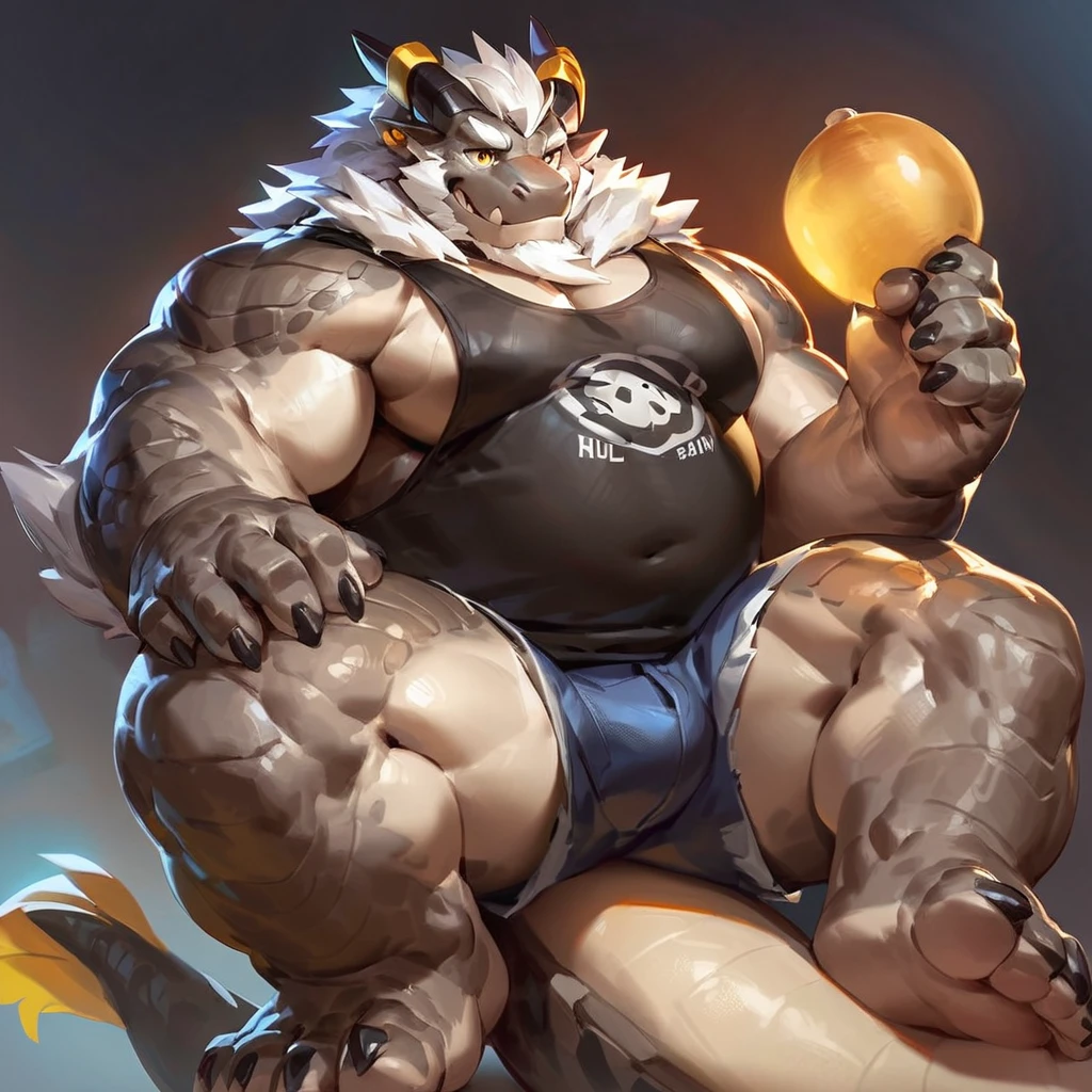 (artist: lindong, jacketbear, darkgem, null-ghost),male, kemono, sfw, eastern dragon, scaly, Chinese dragon , bara, big chest, simple bg,lamp lighting, one fluffy scaly tail, old man, fluffy mane, , grey body, white hair, solo, scales, detailed scales, golden earrings, black tank top and short jeans, dragon horns, yellow iris, big eyes, white beard, fluffy hair, detailed face:2.0, one tail, masterpiece:2.0, perfect eyes:2.0, good anatomy:2.0, full body:2.0