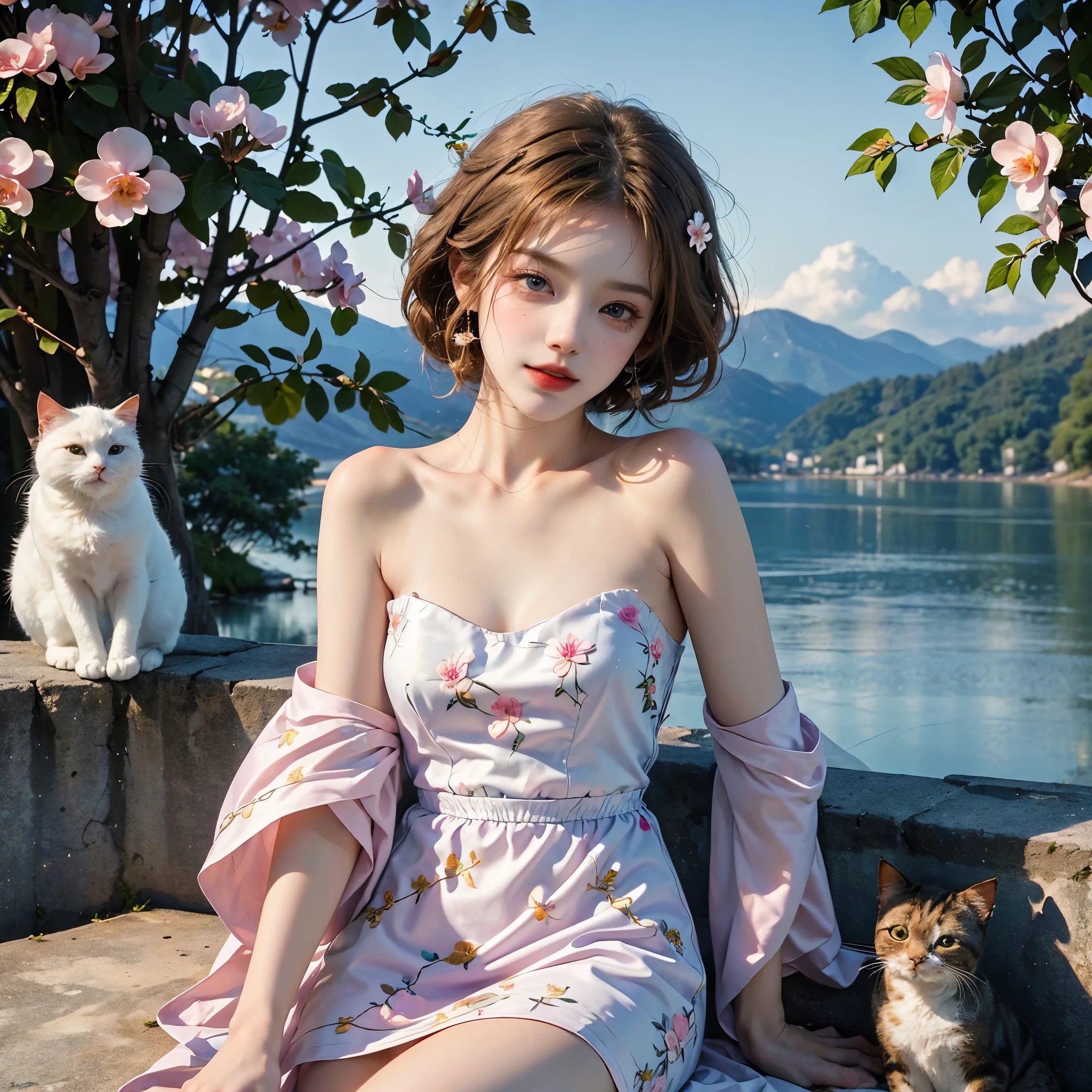Masterpiece, Best quality, high resolution, realistic , hyperrealism , lifelike photography ,2024s, , alluring beautiful full body shot, (curly blondish brunette long hair, blue beautiful eyes), white skin with freckles,((( beautiful short cut naughty dress with flower embroidery and details ))), beautiful golden  necklaces & bracelets, elegant bearing, beautiful landscape background of a rose & lilac & orchid garden, high budget , beautiful mesmerizing face and small nose, long and curly sparkling hair , holding a beautiful orange stray cat , clivage , sunset , pink clouds , yellowish red rays at the horizon, elegant posing, beautiful legs, fit body, gorgeous Russian woman standing and naughty posing at the lagoon shores, back shot, side shot , front shot, blue lagoon , full body shot at the frame , naughty smile , deep cut chest style dress,(( very short skirt)) ,windy summer breeze , reasonable naked body parts, reasonable nudity ,((((cute cats sitting around her)))), naughty girl , very cute smile