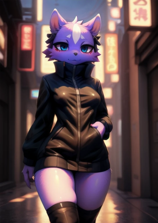 uploaded on e621, (by Whooo-Ya, by Sskomu \(artist\), by Kakure Eria),
solo female (cute purple skunk girl, blue eyes, Shikabane, a single small cute purple squirrel tail), slender body, thigh high socks,
(wear black jacket, ), (small breasts), black converse shoes,
((detailed fluffy fur)), (looking at viewer, full body shot, three-quarter view),
BREAK,
((Walking at city street on sunset day)), ( fog, mist, cyberpunk, neon light),
(detailed background, depth of field, half body shadow, sunlight, ambient light on the body),
(masterpiece, best quality, ultra realistic, 4k, 2k, (high detail:1.3),
(3d \(artwork\):1.2), blender \(software\), (soft focus:1.2), ray tracing, (unreal engine:1.3), absurd res),sexy,vestido,