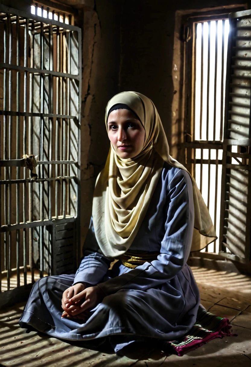 Pale skin Kurdish woman in straight hijab sitting behind shutter prisoned prison cage abandoned room dark room portrait