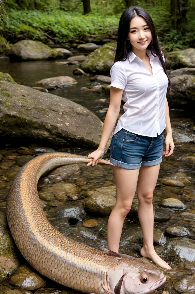 1girl, lamia, scales, white shirt, full body, outdoors, beautiful, big chest, long hair