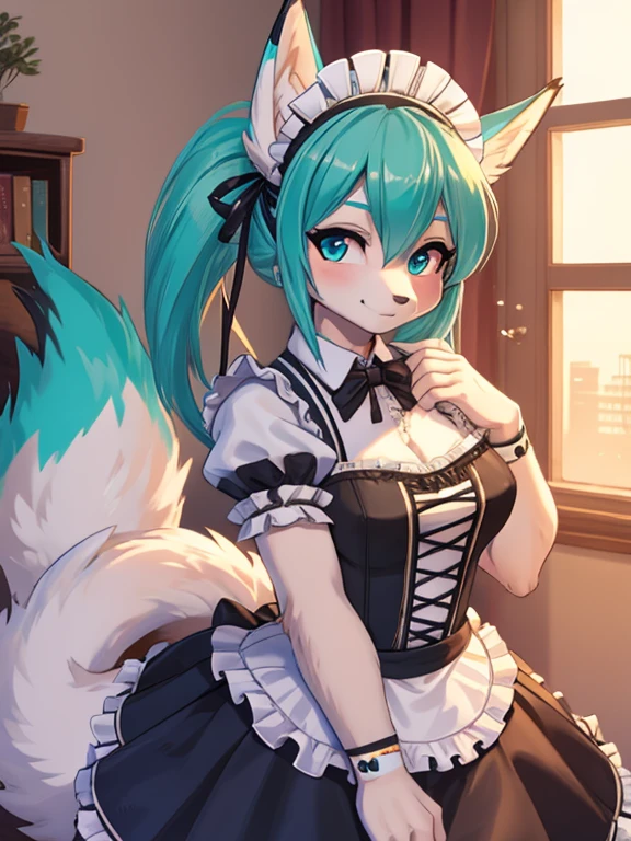 Miku Hatsune, 30 years old women, maid costume, alta definicion, orejas de kitsune, college girl