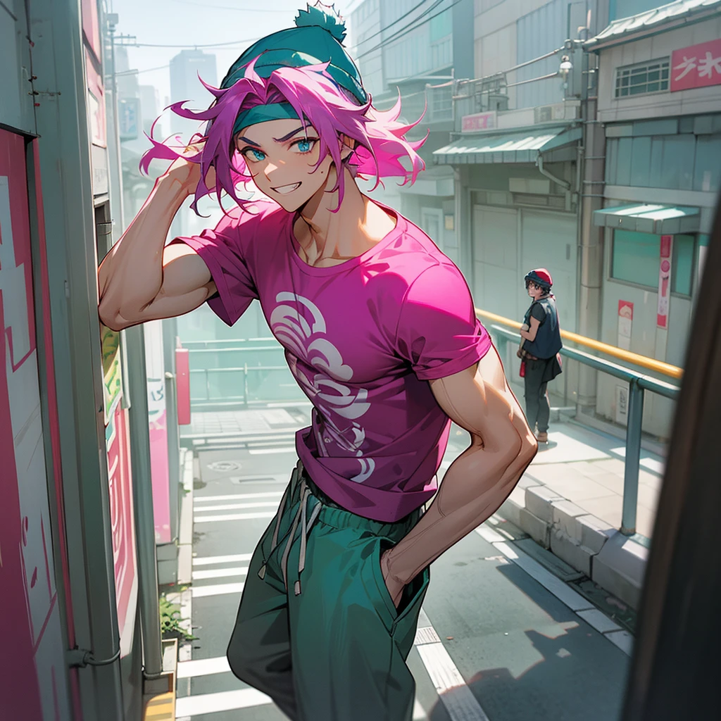 1male, adult, finely detailed aqua eyes, messy medium hair, two tone hair color, magenta hair color, grey hair color, loose muscle shirt, baggy pants, standing on building, day time, tokyo streets, calm expression, muscular, grin, beanie