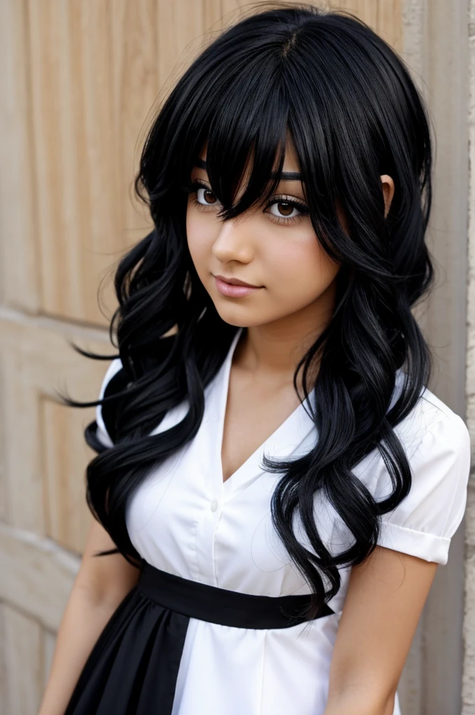 chica anime con cabello medio rizado color negro con un traje blanco