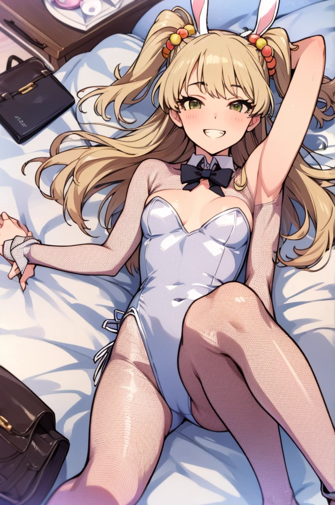 , aarika, long hair, two side up, hair bobbles, small breasts, looking viewer,grin,leotard,fishnet pantyhose,on bed,bunnygirl,bunnysuits,rabbit ears,shoes,lying on back,from above