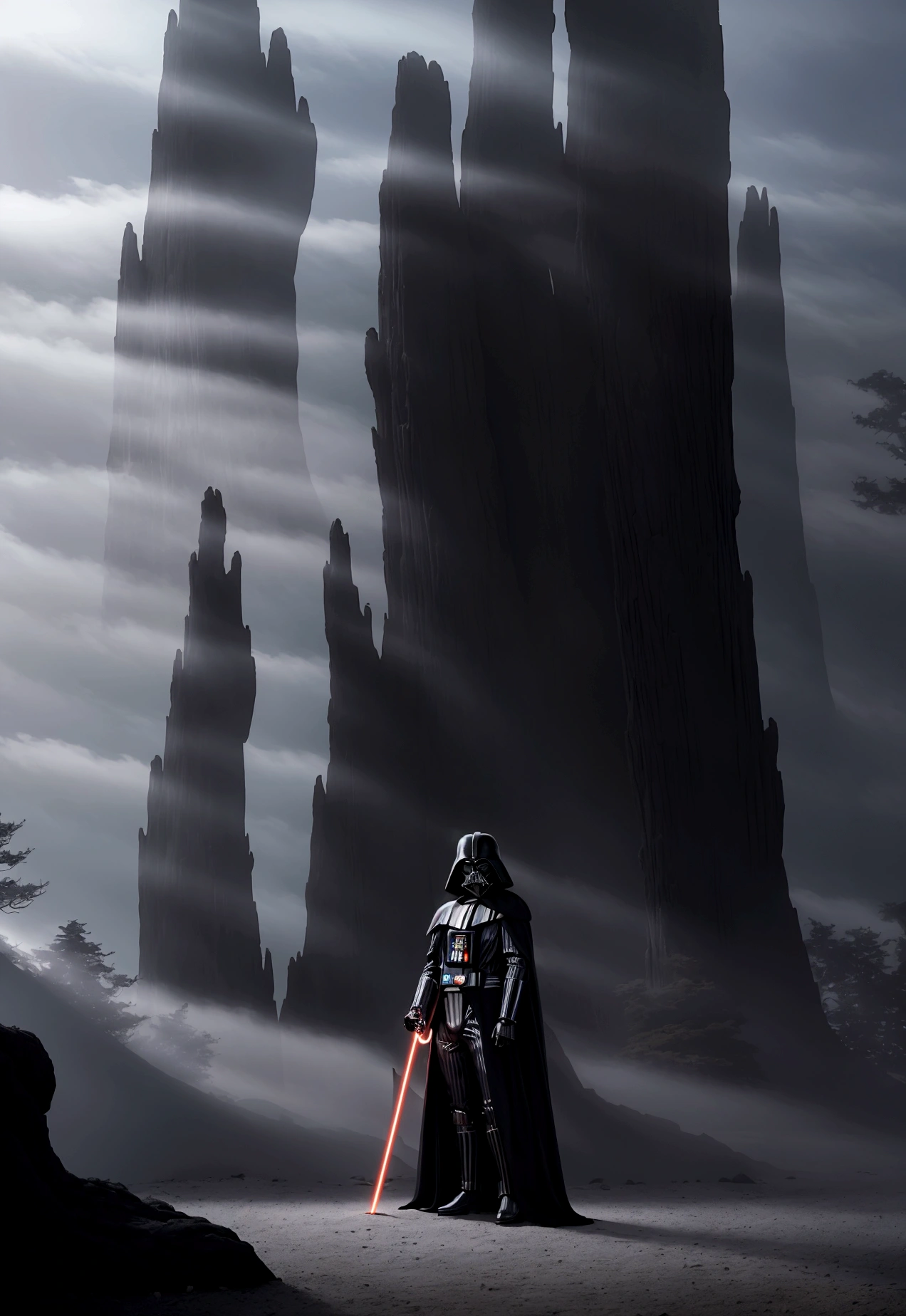 star wars art,ultra wide shot, RAW, photorealistic, a picture of (1single: 1.5) Darth vader, wearing (black cloak: 1.1), armed with a (lightsabre: 1.3), , standing a dark stone alien temple, within star wars esque forest, with twisted vines, and epic rock formations(mist rising from the grounds: 1.3), a sense of dread and fear, , best quality, 16k, [ultra detailed], masterpiece, best quality, (ultra detailed), full body, ultra wide shot, photorealism, 