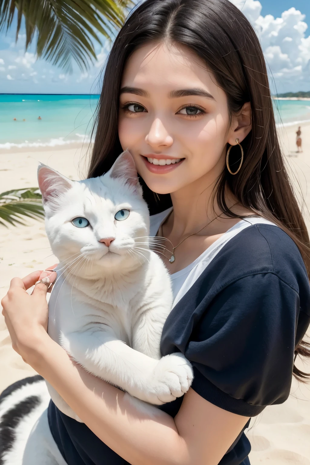 obra de arte, mulher de 25 anos de idade, loira, sorrindo, holding a white cat with black spots on its head, on a beach with lots of trees and a blue boat