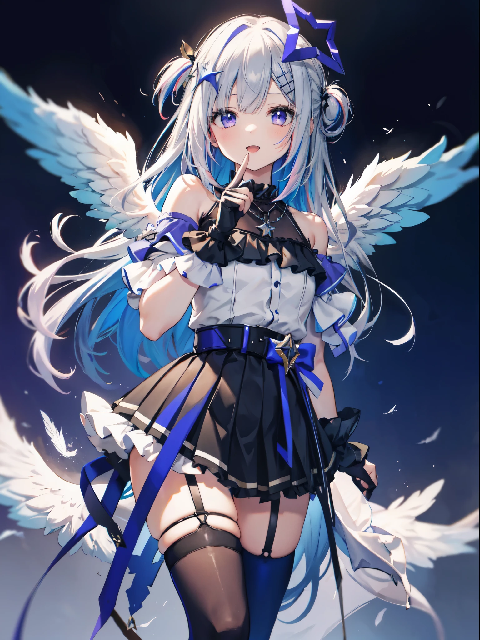 1girl, solo, long hair, gloves, wings, multicolored hair, official alternate hair length, grey hair, colored inner hair, blue hair, angel wings, purple eyes, halo, star halo, partially fingerless gloves, angel, thigh strap, black gloves, hair ornament, dress, smile, looking at viewer, bangs, open mouth, two side up, jewelry, feathered wings, pleated dress, single thighhigh, black dress, frills, bare shoulders, thighhighs, hairclip, necklace, gradient dress, belt, cowboy shot, index finger raised, finger to mouth, sleeveless, white wings, sky ,cloud