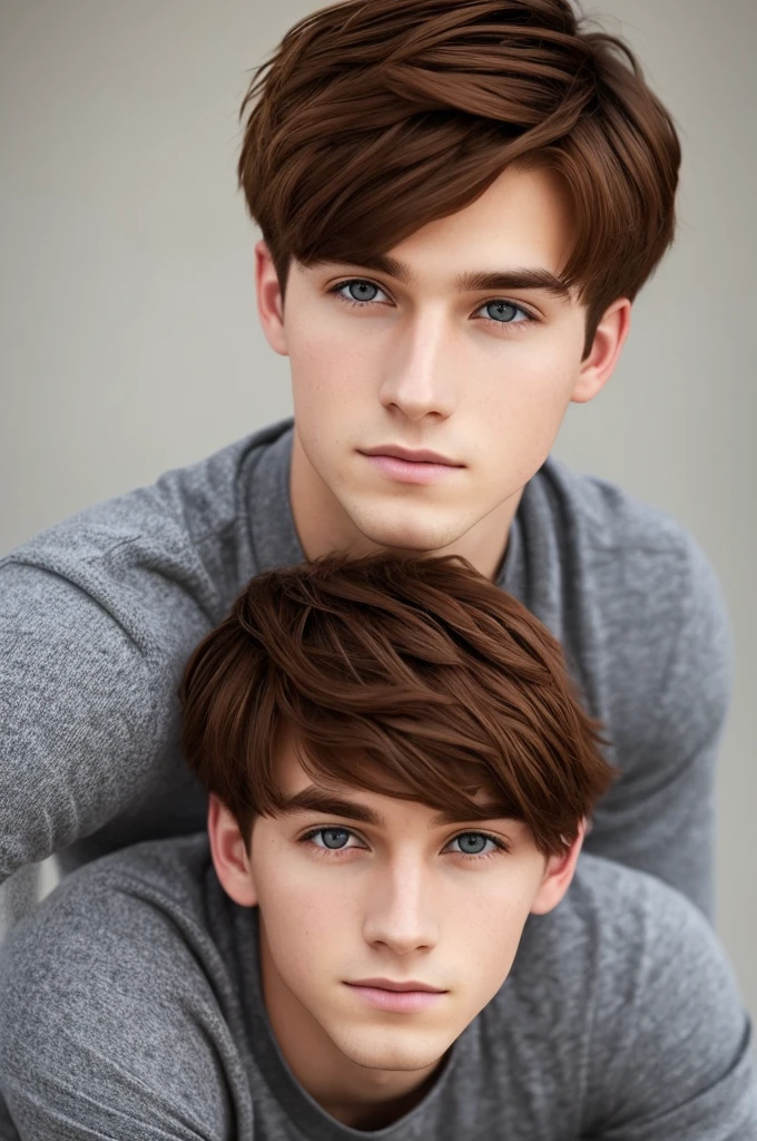 A young man with short reddish-brown hair and gray eyes