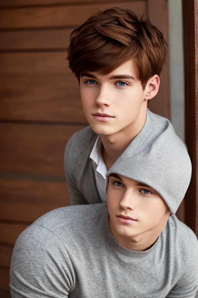 A young man with short reddish-brown hair and gray eyes