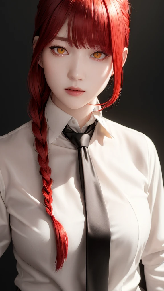 masterpiece, (photorealistic:1.4), best quality, beautiful lighting,
(ulzzang-6500:0.5), makima \(chainsaw man\), (red hair)+(long braided hair)+(bangs), yellow eyes, golden eyes, ((ringed eyes)), (white shirt), (necktie),
RAW photo, 8k uhd, film grain