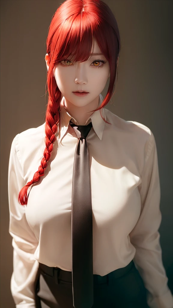 masterpiece, (photorealistic:1.4), best quality, beautiful lighting,
(ulzzang-6500:0.5), makima \(chainsaw man\), (red hair)+(long braided hair)+(bangs), yellow eyes, golden eyes, ((ringed eyes)), (white shirt), (necktie),
RAW photo, 8k uhd, film grain 