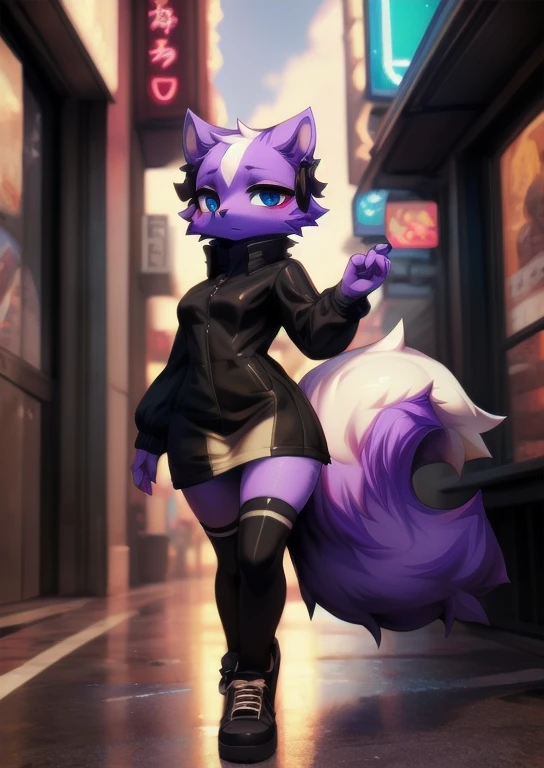 uploaded on e621, (by Whooo-Ya, by Sskomu \(artist\), by Kakure Eria),
2 female (cute purple skunk girl, blue eyes, Shikabane, a single small cute purple squirrel tail), slender body, thigh high socks,
(wear black jacket, ), (small breasts), black converse shoes,
((detailed fluffy fur)), (looking at viewer, full body shot, three-quarter view),
BREAK,
((Walking at city street on sunset day)), ( fog, mist, cyberpunk, neon light),
(detailed background, depth of field, half body shadow, sunlight, ambient light on the body),
(masterpiece, best quality, ultra realistic, 4k, 2k, (high detail:1.3),
(3d \(artwork\):1.2), blender \(software\), (soft focus:1.2), ray tracing, (unreal engine:1.3), absurd res),sexy,vestido,
