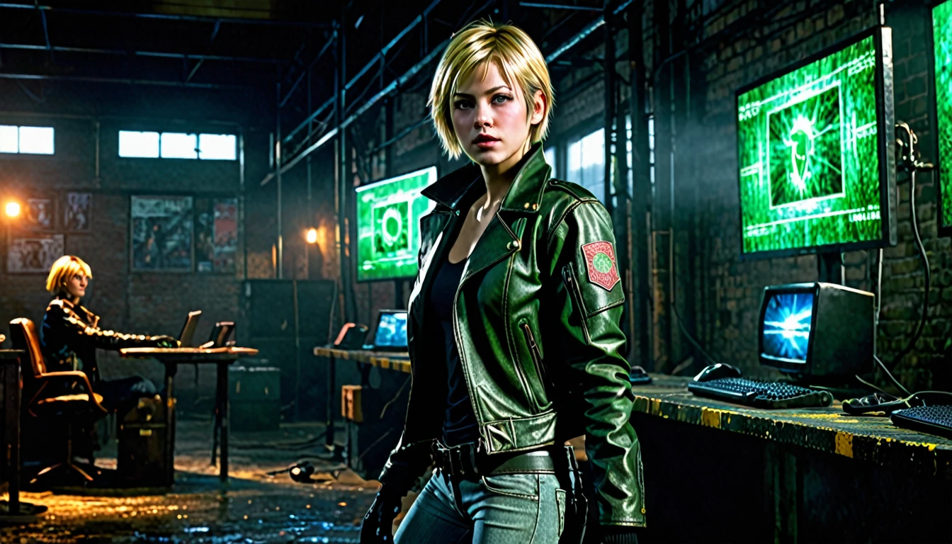 1girl, Heather Mason (Silent Hill 3), blonde hair, short hair, green eyes, one eye glow, 21 years old, leather jacket, gloves, black gloves, jeans, boots, pistol holster, dark warehouse, 1 computer with three led monitors, window, new york cyberpunk city, detailed realistic portrait, cinematic lighting, dramatic contrast, moody atmosphere, high quality, highly detailed, sharp focus, photorealistic, hyperrealistic, dramatic lighting, intricate details, vivid colors, cinematic composition, high resolution, masterpiece