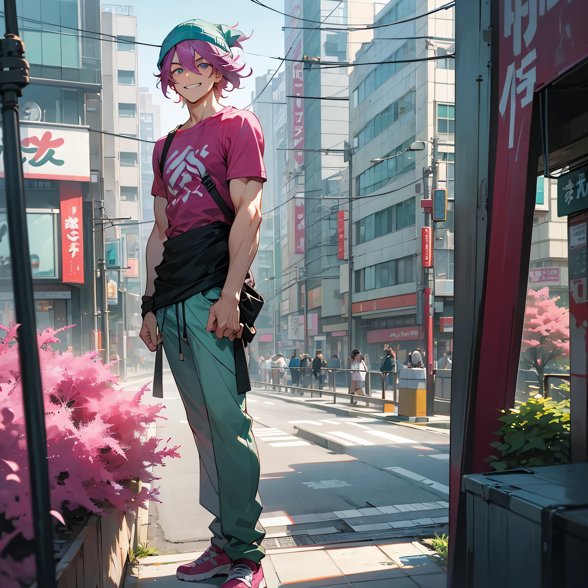 1male, adult, finely detailed aqua eyes, messy medium hair, two tone hair color, magenta hair color, grey hair color, loose muscle shirt, baggy pants, standing on building, day time, tokyo streets, calm expression, muscular, grin, beanie