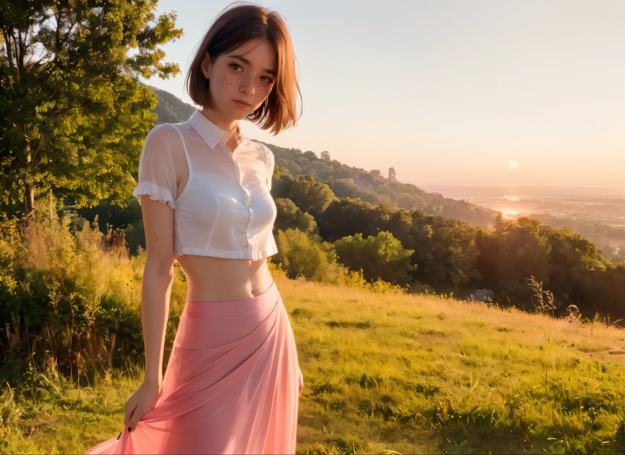 (((realistic))), (A young girl leans against the front of a faded red vintage Porsche.:1.75), Focus Girl, ((See through the white frilly shirt.:1.3), full body, (pink satin maxi skirt:1.3), (Sweating)), (Panties flashing:1.3), 25 years old, (beautiful puffy clouds, sunset sky), (sunset, lush autumn hill background:1.5), (small breasts, thin, ร่างกายthin, Swollen nipples:1.45), (photography, realistic, Bokeh, blur), ((short wavy bob cut)), (Fire Sematic, Weak fire, Detailed light:1.5)