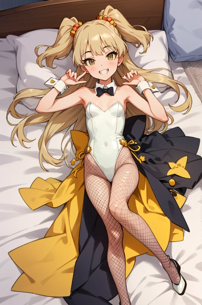 , aarika, long hair, two side up, hair bobbles, small breasts, looking viewer,grin,leotard,fishnet pantyhose,on bed,bunnygirl,bunnysuits,rabbit ears,shoes,lying on back,from above