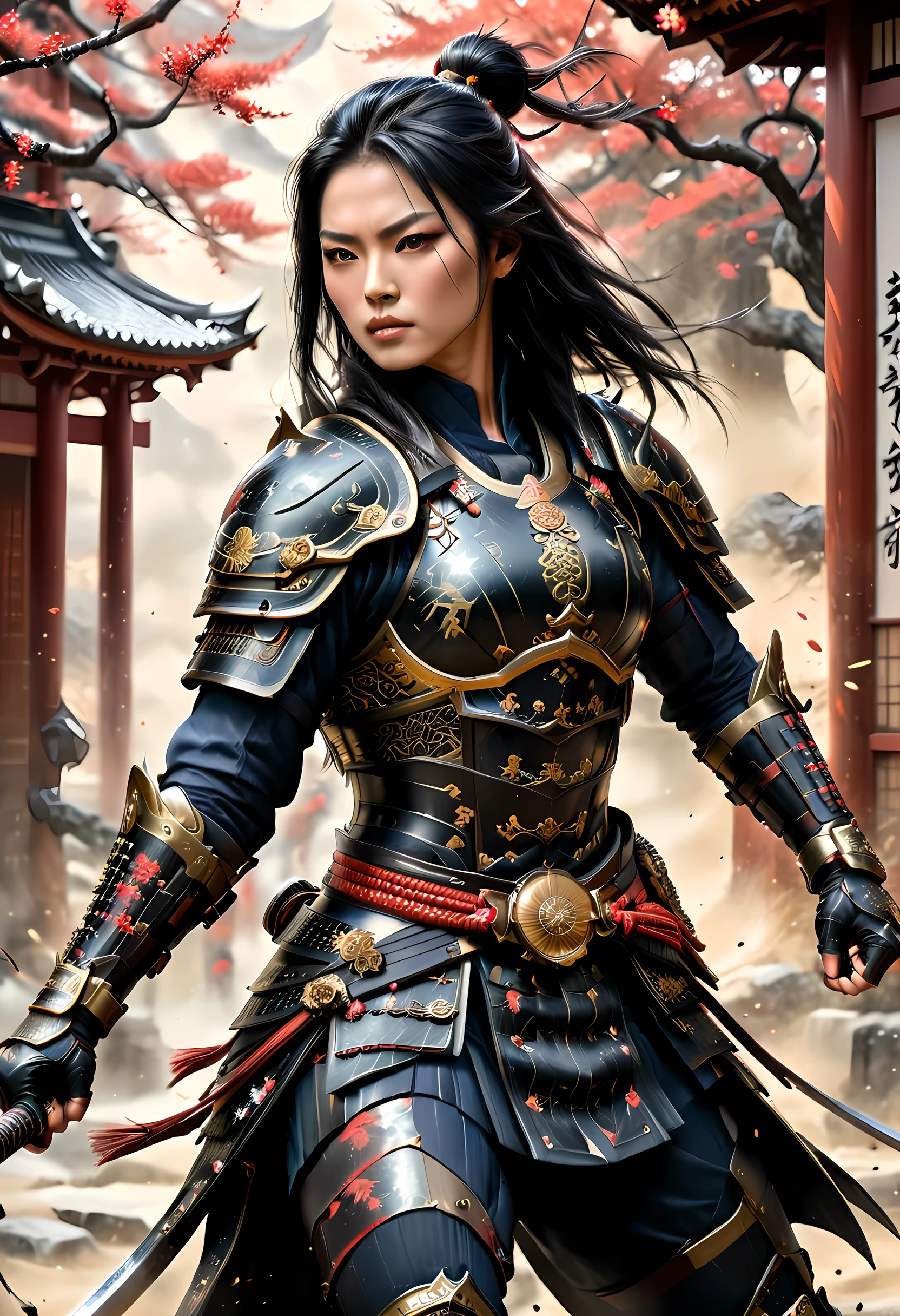 a picture of Japanese female samurai, she has long black hair, wearing niji armor, armed with a katana, ready for battle, dynamic angle, full budy, Japanese fantasy art, Japanese temple background, (Masterpiece: 1.5), 16k, highres, best quality, high details, ultra detailed, masterpiece, best quality, (extremely detailed), arafed, dnd art,