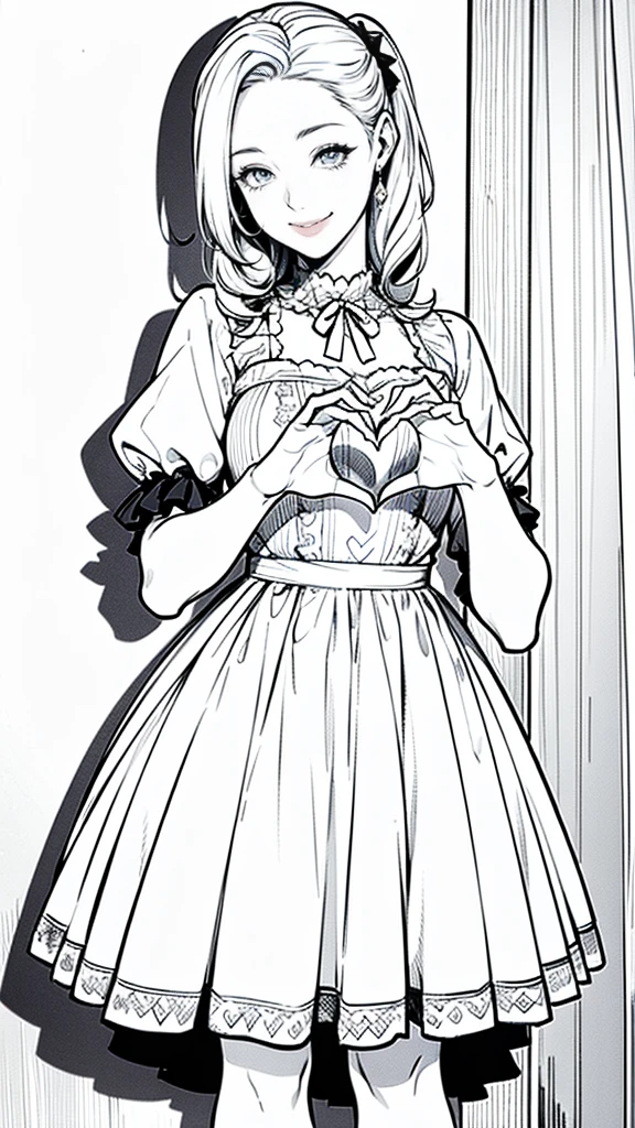 (masterpiece:1.2, Highest quality),(Line art),(Monochrome),(Very detailed),8K,wallpaper,1 female,Cute face,smile,((casual dress)),((betterhand)),Random hairstyle,Random pose,Beautiful female hands,((lineart, monochrome)),BREAK(((casual))),(((heart hands))),((a girl in gothic costume standing))