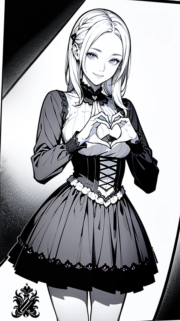 (masterpiece:1.2, Highest quality),(Line art),(Monochrome),(Very detailed),8K,wallpaper,1 female,Cute face,smile,((casual dress)),((betterhand)),Random hairstyle,Random pose,Beautiful female hands,((lineart, monochrome)),BREAK(((casual))),(((heart hands))),((a girl in gothic costume standing))