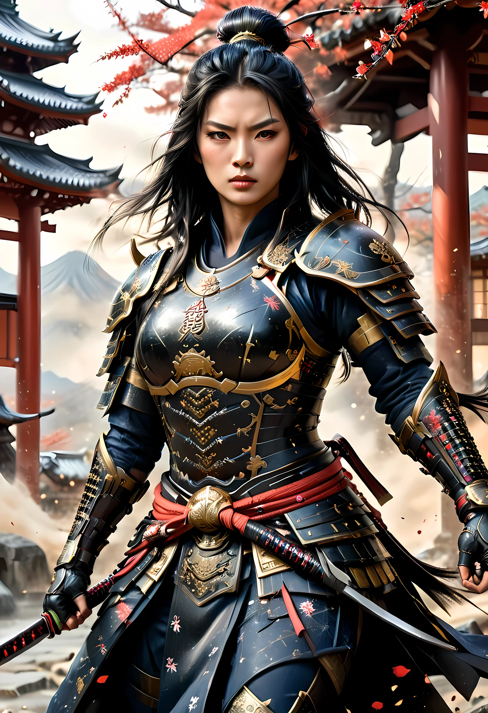 a picture of Japanese female samurai, she has long black hair, wearing niji armor, armed with a katana, ready for battle, dynamic angle, full budy, Japanese fantasy art, Japanese temple background, (Masterpiece: 1.5), 16k, highres, best quality, high details, ultra detailed, masterpiece, best quality, (extremely detailed), arafed, dnd art, 