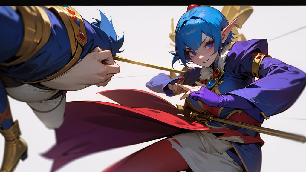 Evil elf girl in a jester costume. kills the king with a sword.