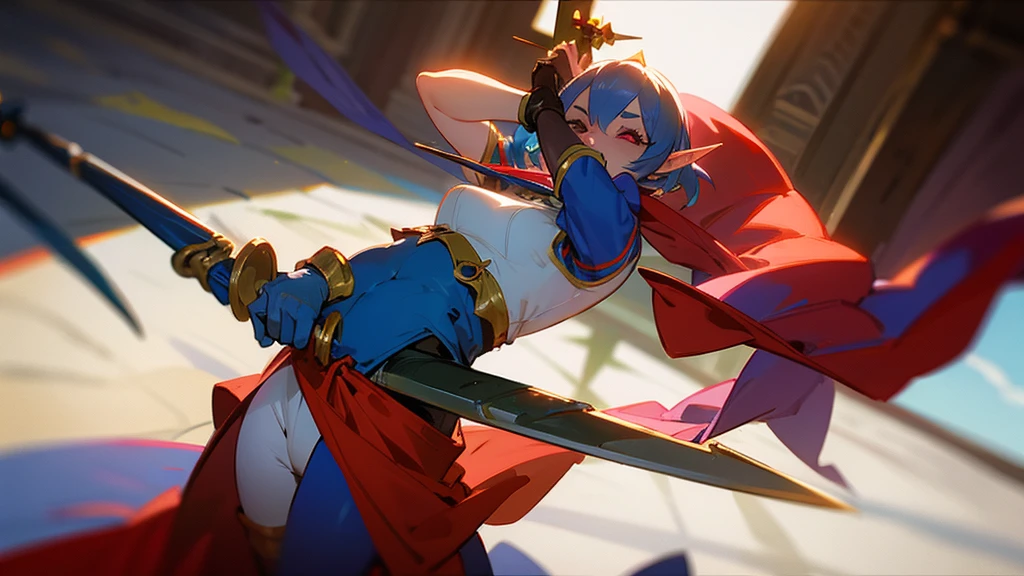 Evil elf girl in a jester costume. kills the king with a sword.