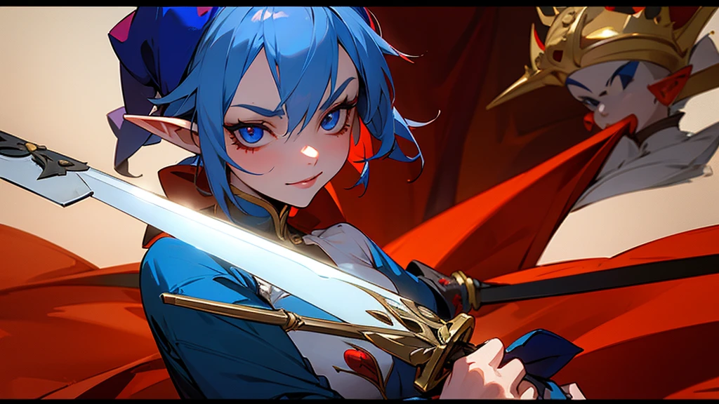Evil elf girl in a jester costume. kills the king with a sword.