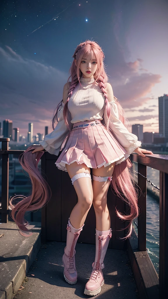 high resolution, best quality, masterpiece, very high image quality, ultra-detailed, hyperrealistic, 3d, anime, illustrations, fantasy, hard rock girl, very beautiful cute, pink wavy hair, side braid, miniskirt, knee high socks, engineer boots, background cyber punk city galaxy