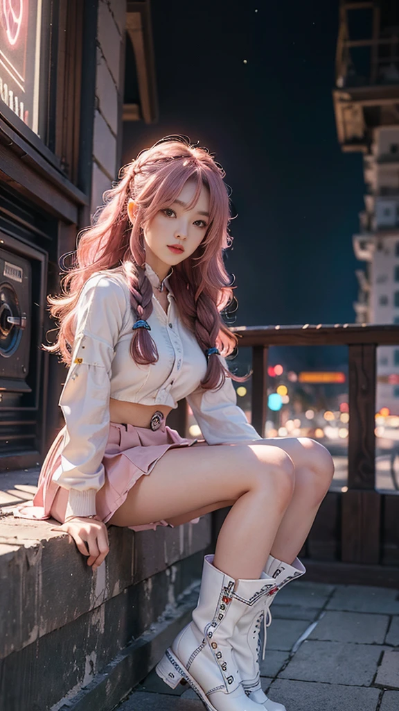 high resolution, best quality, masterpiece, very high image quality, ultra-detailed, hyperrealistic, 3d, anime, illustrations, fantasy, hard rock girl, very beautiful cute, pink wavy hair, side braid, miniskirt, knee high socks, engineer boots, background cyber punk city galaxy