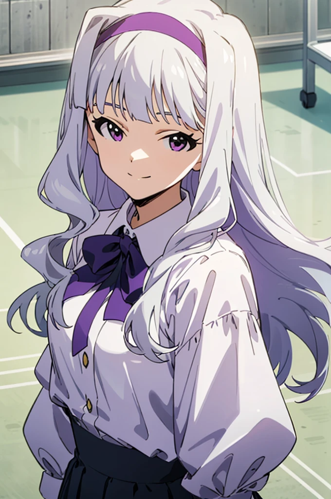 (((pixel-perfect, detail-perfect))), solo, 1girl, takane shijou, purple hairband, big , shirt, bow, looking at viewer, smile