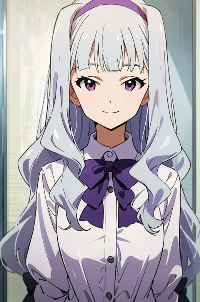 (((pixel-perfect, detail-perfect))), solo, 1girl, takane shijou, purple hairband, big , shirt, bow, looking at viewer, smile