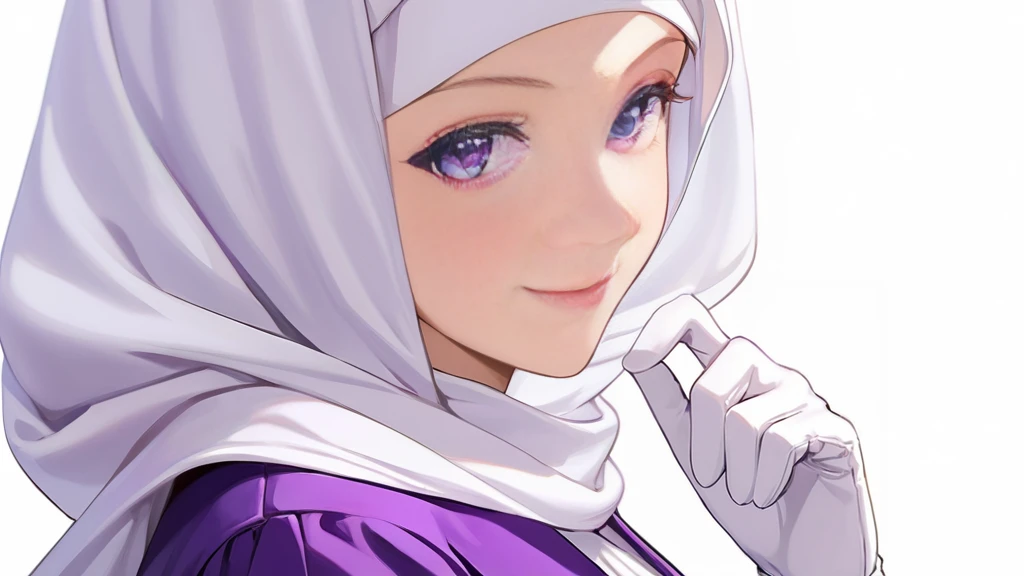 High-resolution anime digital art, Masterpiece, 1 Female, Tomboy, Mature, Humble, Kind, Smart, pupil purple eyes, wearing white hijab, Wearing long purple dress, Women's white fabric gloves, happy face, vivid colours, anime style, white plain background.