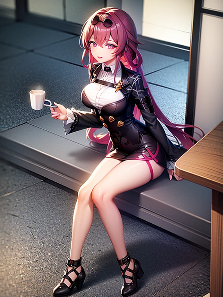 kafka from honkai star rail drinking coffee at a cafe