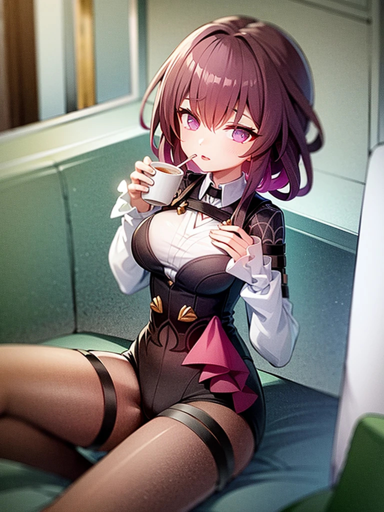 kafka from honkai star rail drinking coffee at a cafe