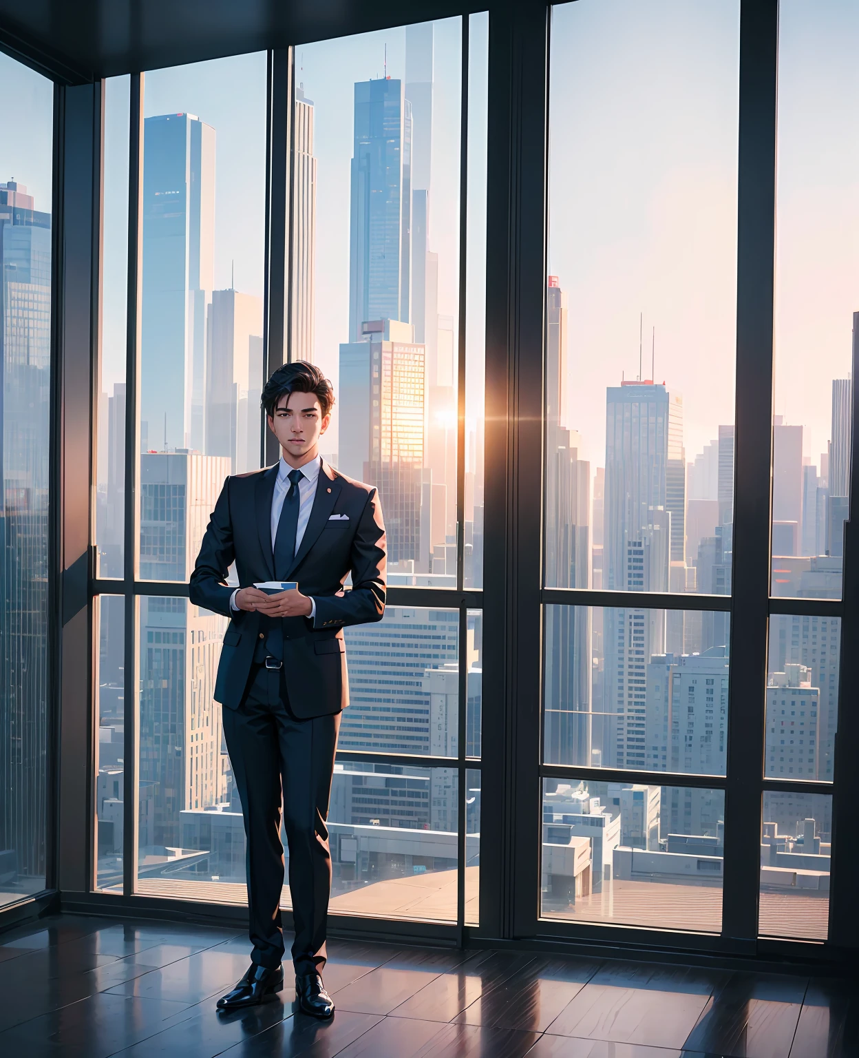 a young ceo man, business suit, confident expression, standing in a modern office, glass windows, cityscape background, (best quality,4k,8k,highres,masterpiece:1.2),ultra-detailed,(realistic,photorealistic,photo-realistic:1.37),sharp focus,studio lighting,professional,vivid colors